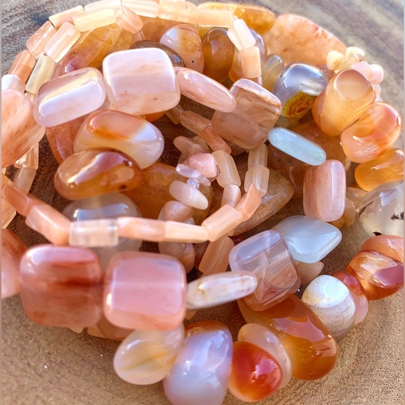 Natural Orange Carnelian & Peach Aventurine Gemstone Mix Beads Bracelet Stack - Picture 6 of 10